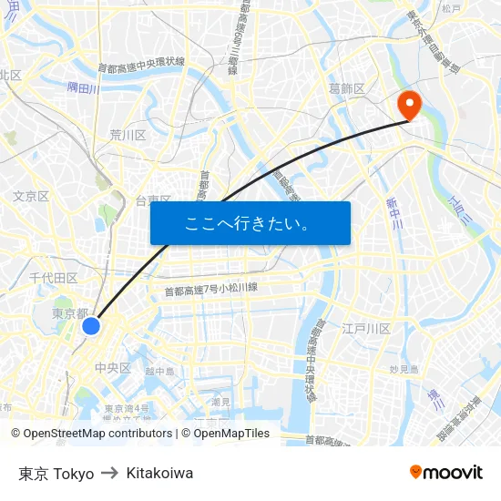 東京 Tokyo to Kitakoiwa map