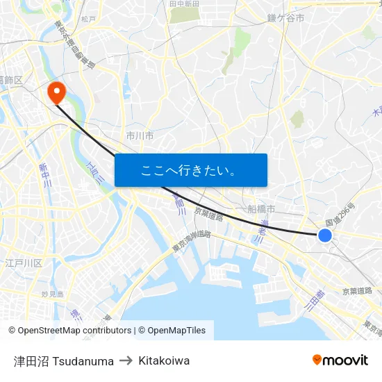 津田沼 Tsudanuma to Kitakoiwa map