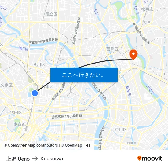 上野 Ueno to Kitakoiwa map