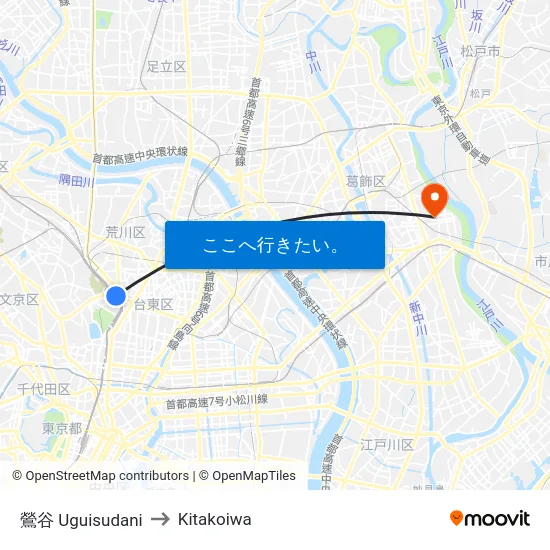 鶯谷 Uguisudani to Kitakoiwa map