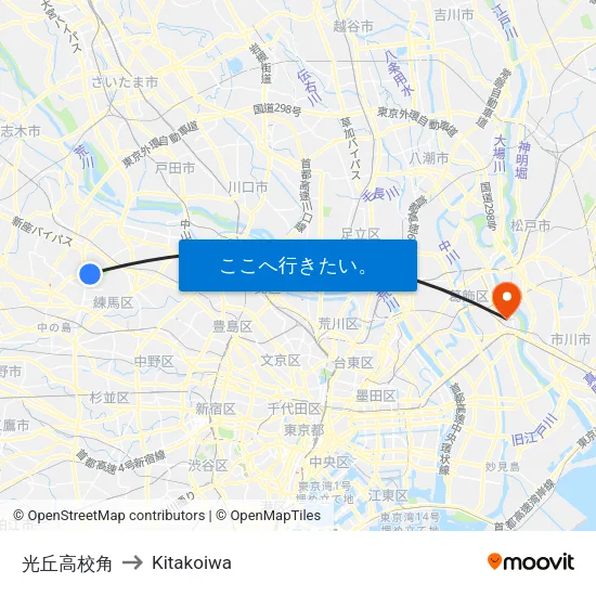 光丘高校角 to Kitakoiwa map
