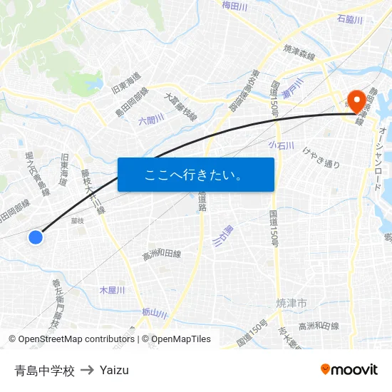 青島中学校 to Yaizu map