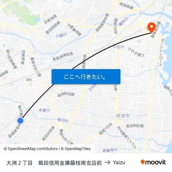 大洲２丁目　島田信用金庫藤枝南支店前 to Yaizu map