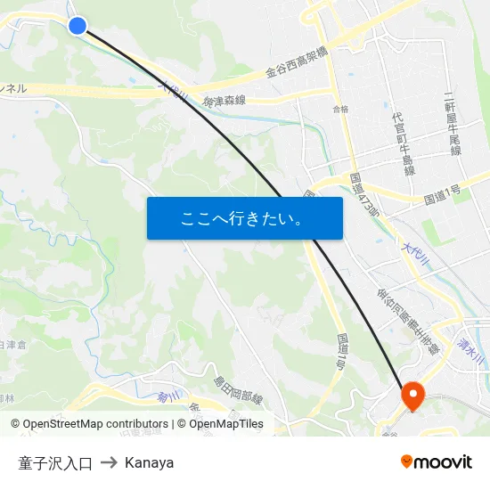 童子沢入口 to Kanaya map