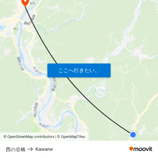 西の谷橋 to Kawane map