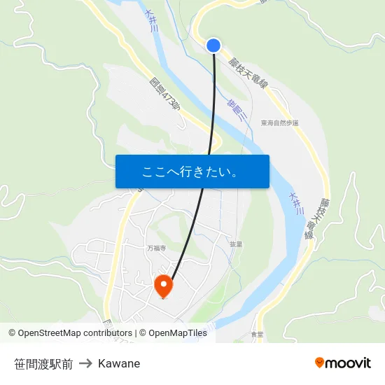 笹間渡駅前 to Kawane map