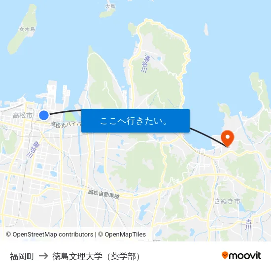 福岡町 to 徳島文理大学（薬学部） map