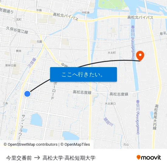 今里交番前 to 高松大学·高松短期大学 map