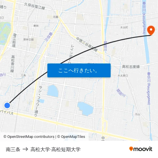 南三条 to 高松大学·高松短期大学 map