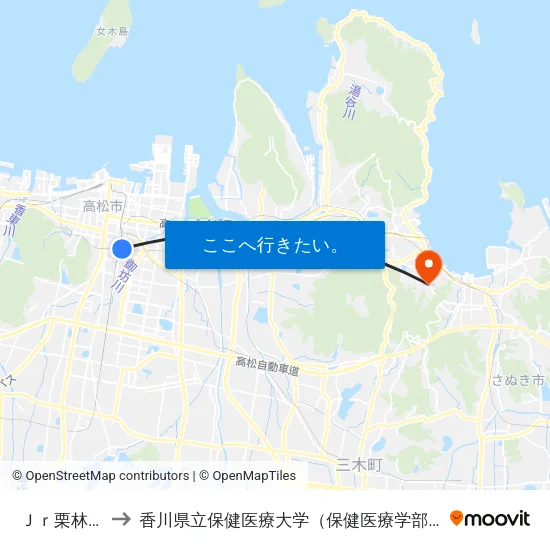 Ｊｒ栗林駅 to 香川県立保健医療大学（保健医療学部） map