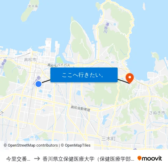 今里交番前 to 香川県立保健医療大学（保健医療学部） map