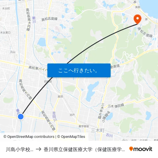 川島小学校前 to 香川県立保健医療大学（保健医療学部） map