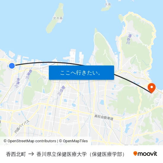 香西北町 to 香川県立保健医療大学（保健医療学部） map