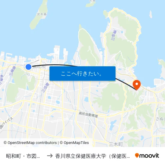 昭和町・市図書館前 to 香川県立保健医療大学（保健医療学部） map