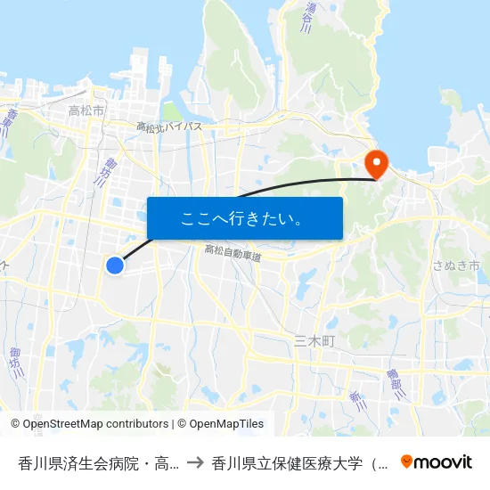 香川県済生会病院・高松桜井高校前 to 香川県立保健医療大学（保健医療学部） map