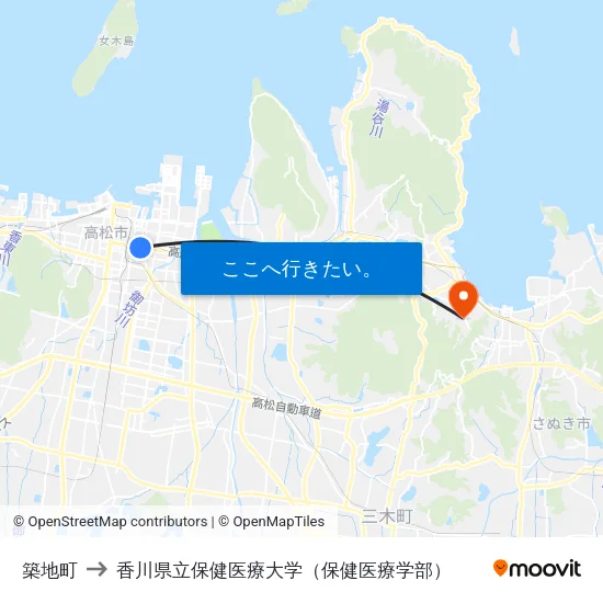 築地町 to 香川県立保健医療大学（保健医療学部） map