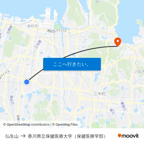仏生山 to 香川県立保健医療大学（保健医療学部） map