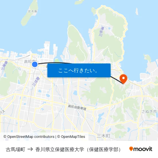 古馬場町 to 香川県立保健医療大学（保健医療学部） map