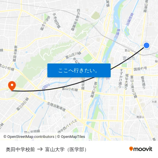 奥田中学校前 to 富山大学（医学部） map