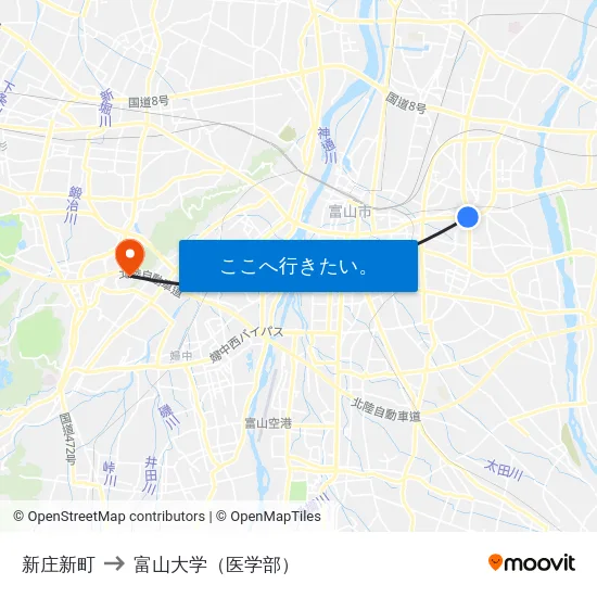新庄新町 to 富山大学（医学部） map