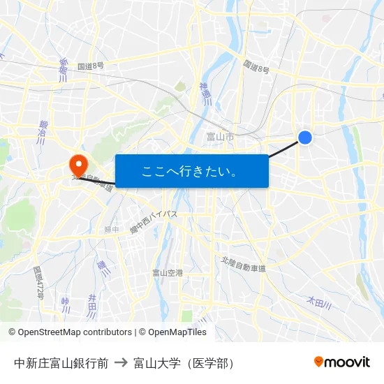 中新庄富山銀行前 to 富山大学（医学部） map
