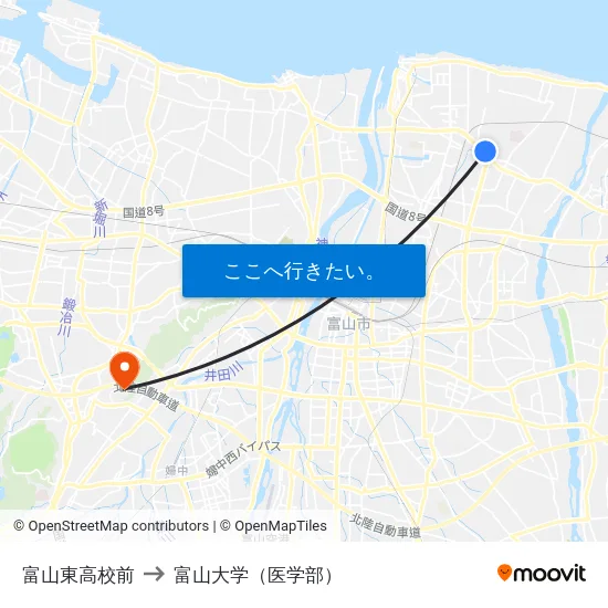 富山東高校前 to 富山大学（医学部） map