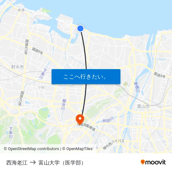 西海老江 to 富山大学（医学部） map