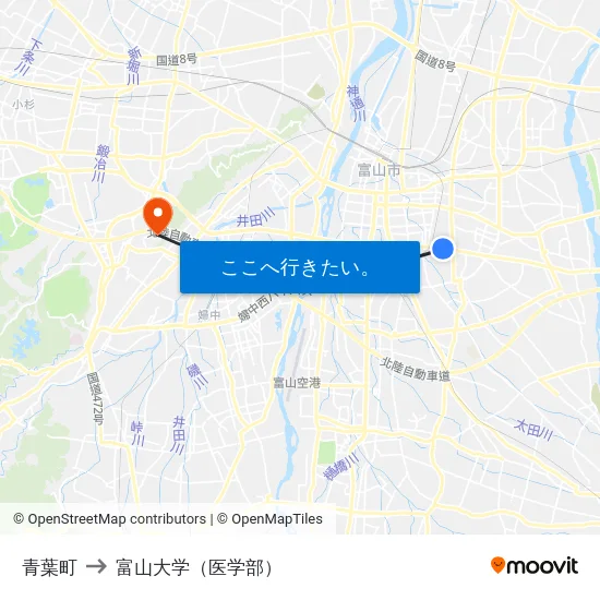 青葉町 to 富山大学（医学部） map