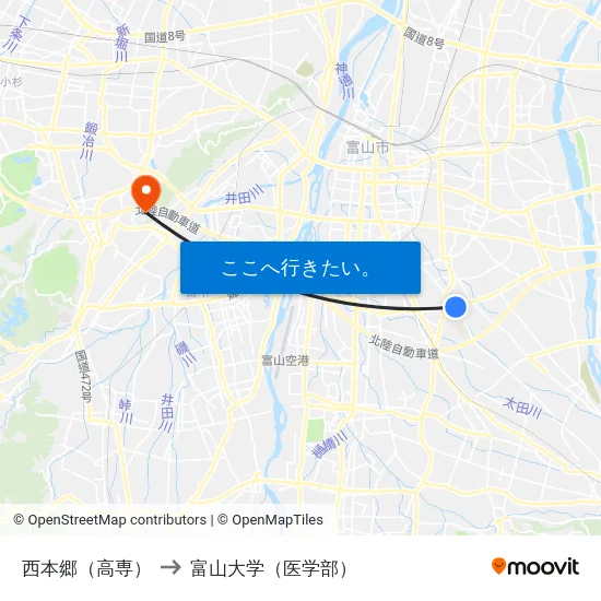 西本郷（高専） to 富山大学（医学部） map