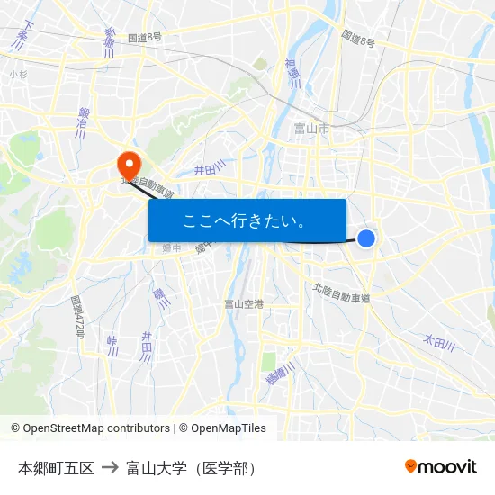 本郷町五区 to 富山大学（医学部） map