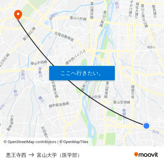 悪王寺西 to 富山大学（医学部） map