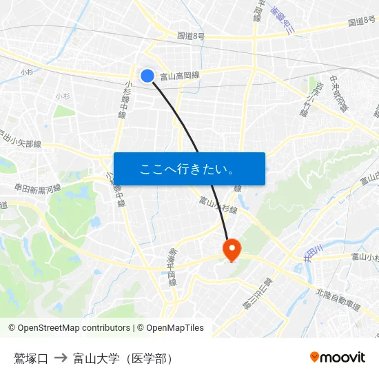 鷲塚口 to 富山大学（医学部） map