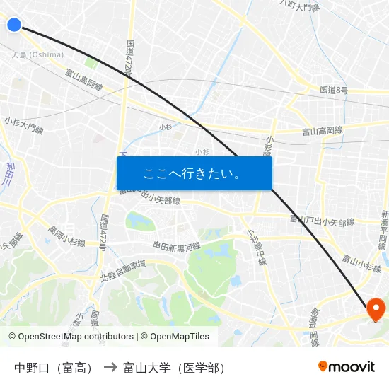 中野口（富高） to 富山大学（医学部） map