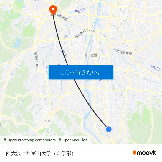 西大沢 to 富山大学（医学部） map