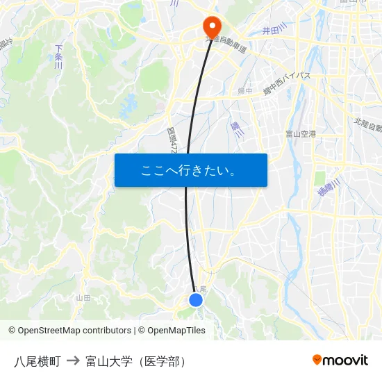 八尾横町 to 富山大学（医学部） map