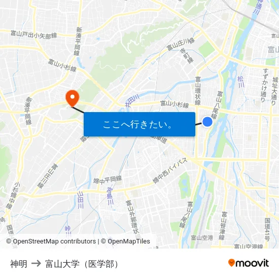 神明 to 富山大学（医学部） map