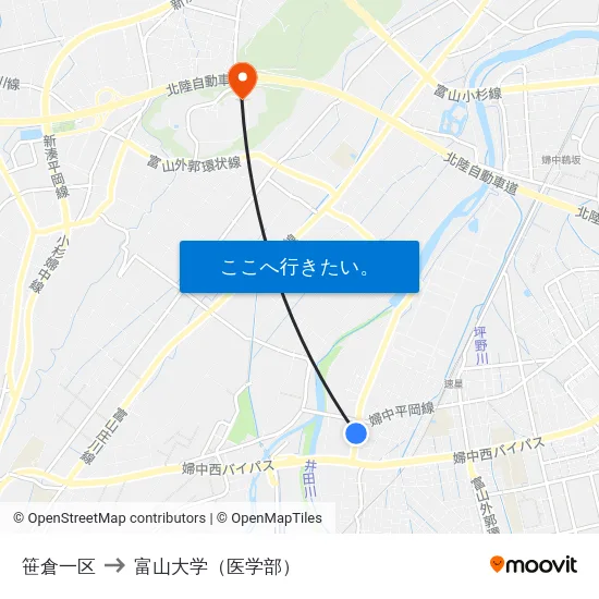 笹倉一区 to 富山大学（医学部） map