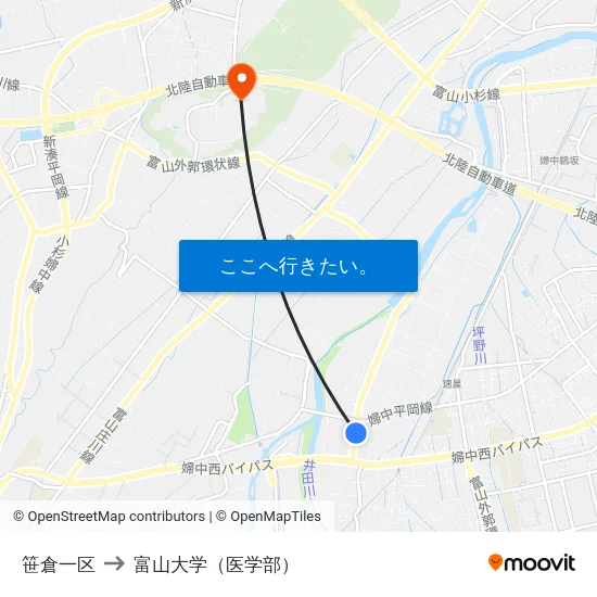 笹倉一区 to 富山大学（医学部） map