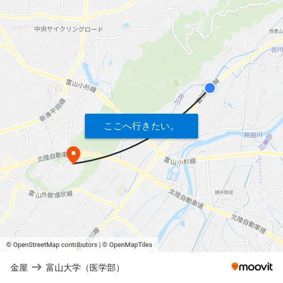 金屋 to 富山大学（医学部） map