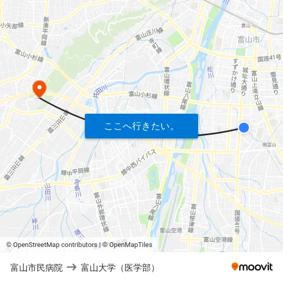 富山市民病院 to 富山大学（医学部） map