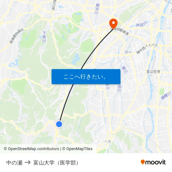 中の瀬 to 富山大学（医学部） map
