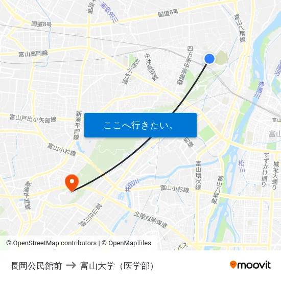 長岡公民館前 to 富山大学（医学部） map