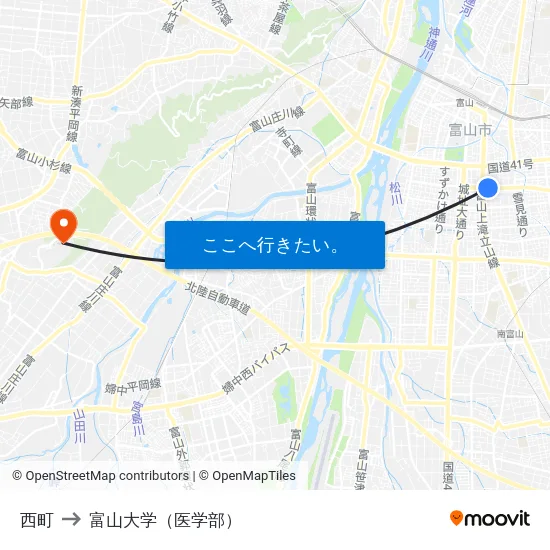 西町 to 富山大学（医学部） map