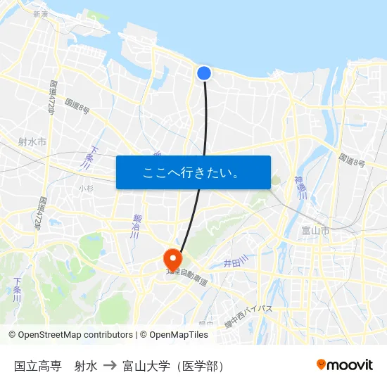 国立高専　射水 to 富山大学（医学部） map