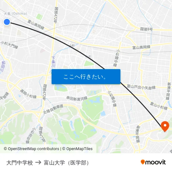 大門中学校 to 富山大学（医学部） map