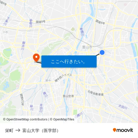 栄町 to 富山大学（医学部） map