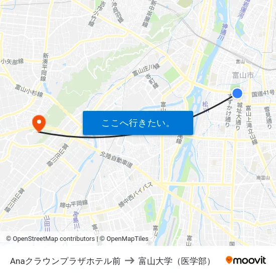 Anaクラウンプラザホテル前 to 富山大学（医学部） map
