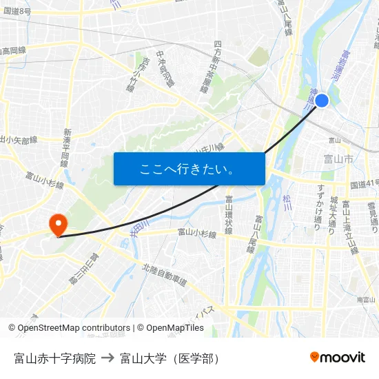 富山赤十字病院 to 富山大学（医学部） map