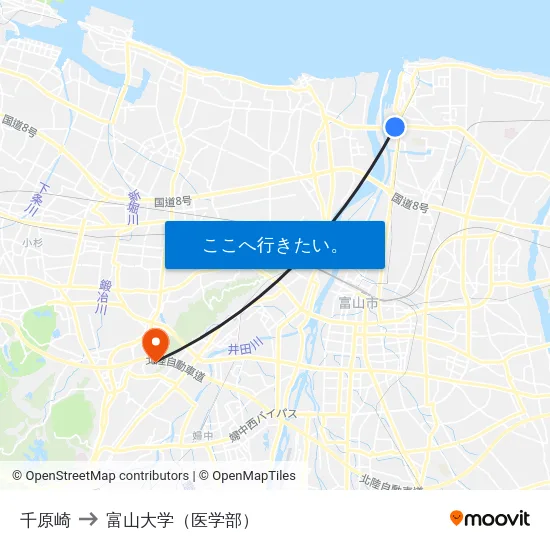 千原崎 to 富山大学（医学部） map