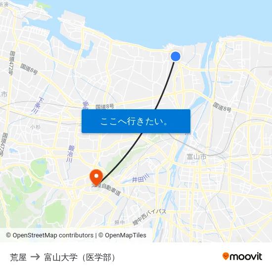 荒屋 to 富山大学（医学部） map